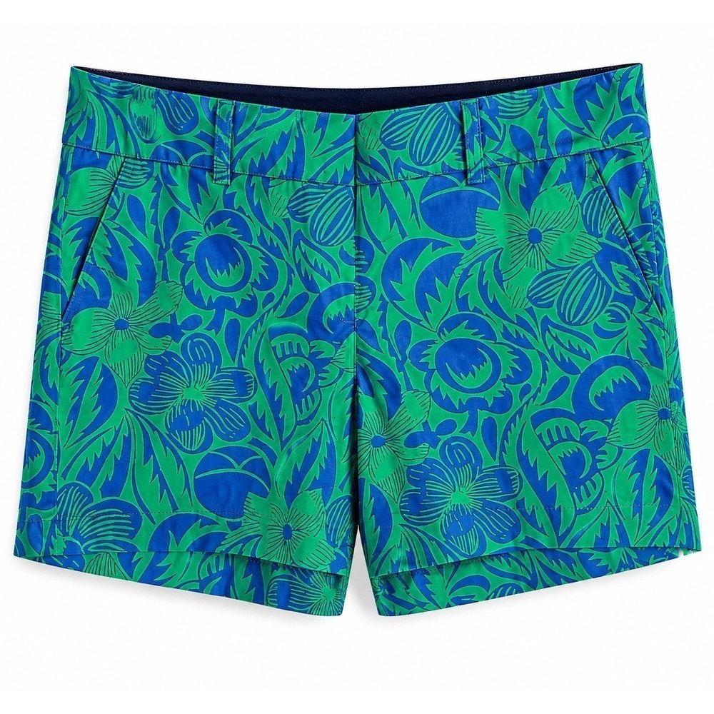 Talbots The Daily Short Size 14 Petite Blue Green Tropical Print  Cotton Stretch